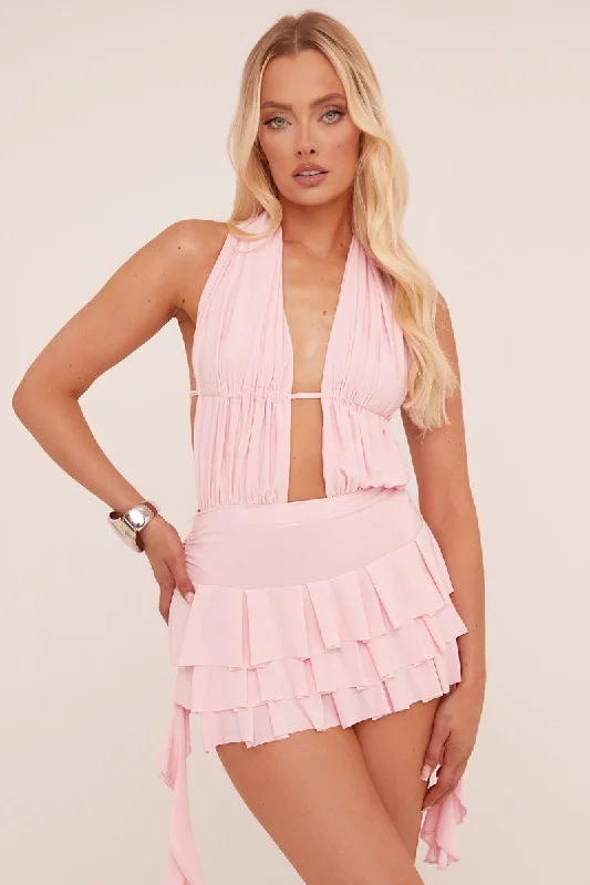 Pink Plunge Neck Frill Detail Mini Dress - Swan