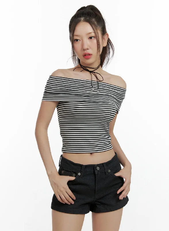 Stripe Off Shoulder Crop Top CL410 Classic Women's Pin - striped