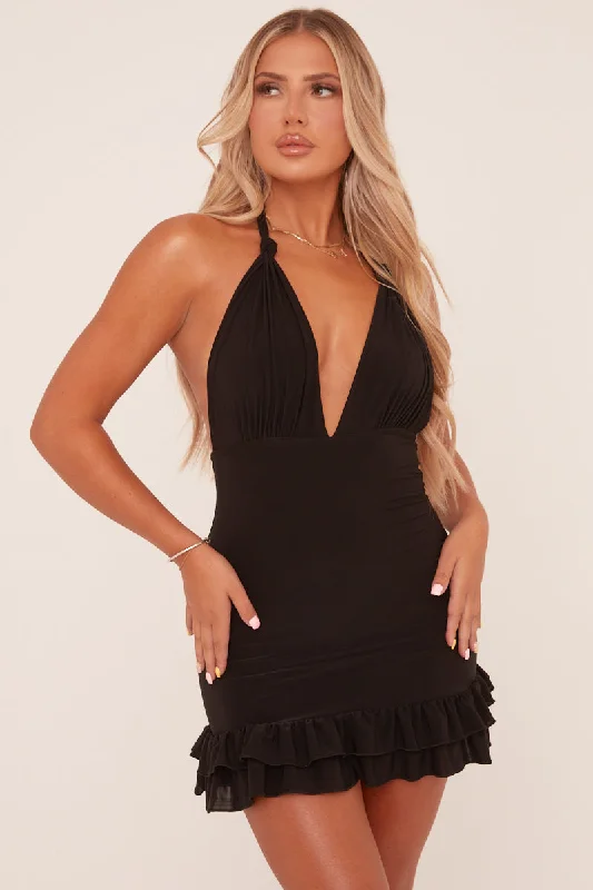 Black Plunge Halter Neck Frill Hem Mini Dress - Riplee Luxurious Women's High -  end