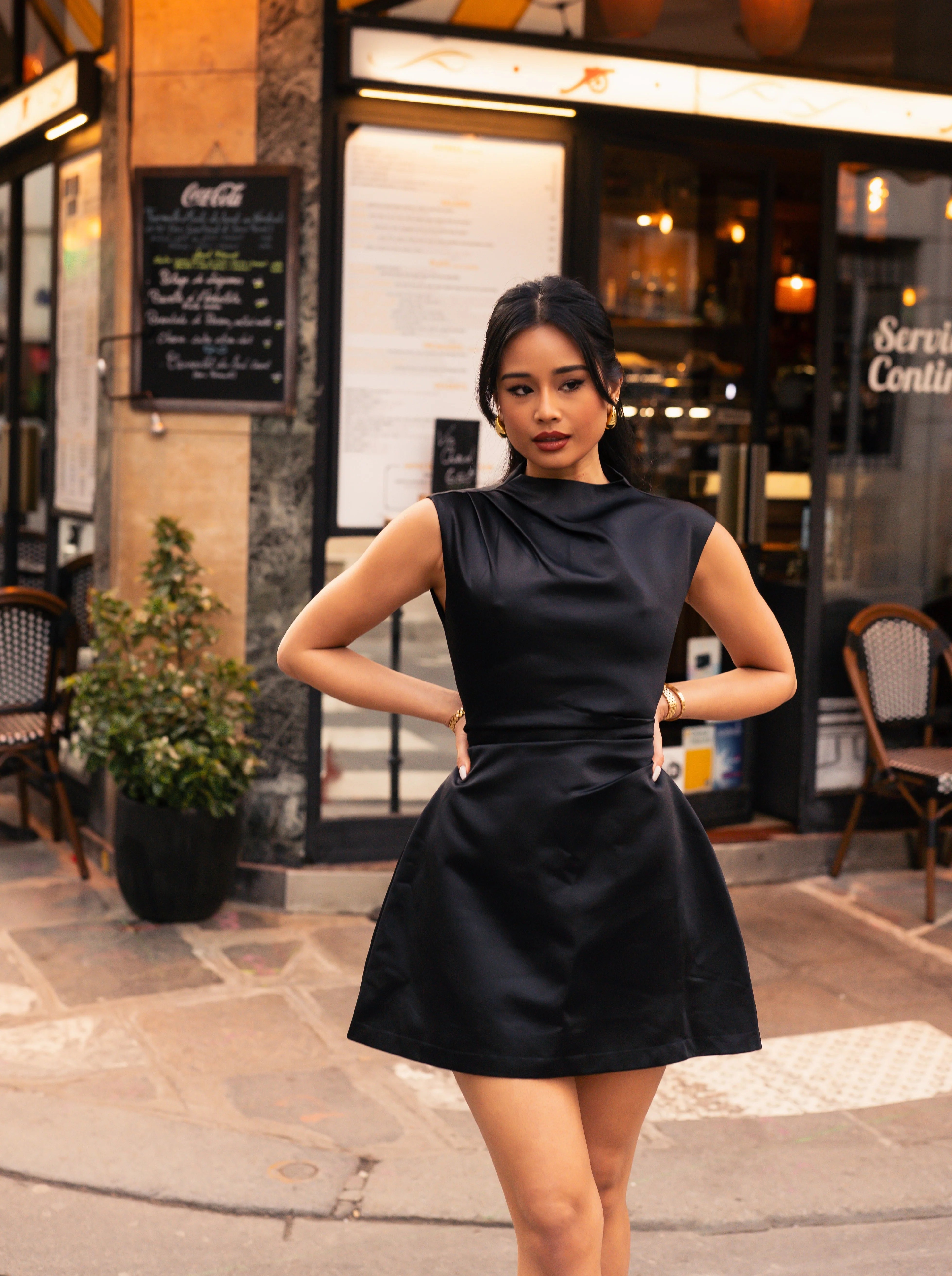 Satin Straight Neck Mini Dress Sleek Women's 