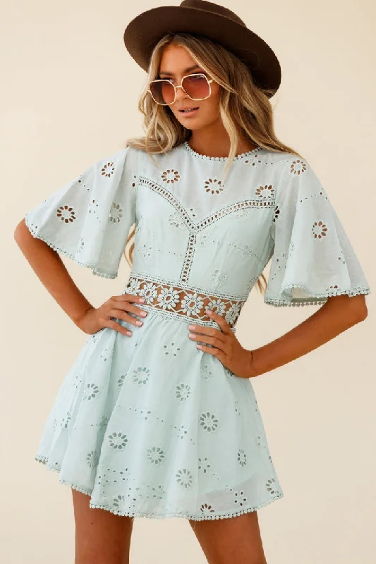 Anais Fluted Sleeve Exposed Back Broderie Anglaise Dress Sage Confident Women's High - fashion Anais Fluted Sleeve Exposed Back Broderie Anglaise Dress Sage Confident Women's High - fashion