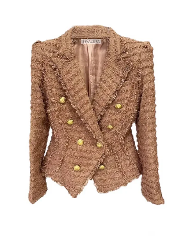 Brown Gold Button Tweed Blazer With Raw Edges Sleek Women's Metallic