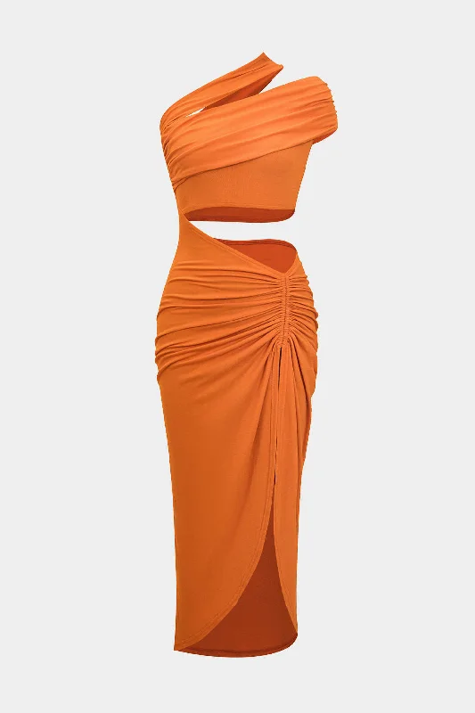 Ruched Asymmetrical Cut Out Slit Midi Dress Rugged Women's Outdoor 