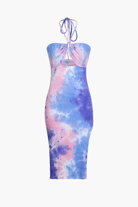 Blue Tie Dye Halter Neck Midi Dress Compression