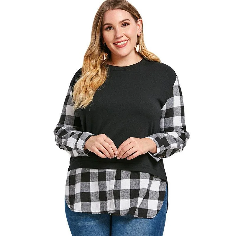 ANALUKE Plaid Panel Faux Two Piece Long Sleeve T-Shirt