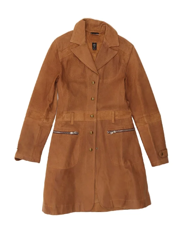 BOMB BOOGIE Womens Leather Coat UK 10 Small Brown Leather Dapper Women's Bow - adorned