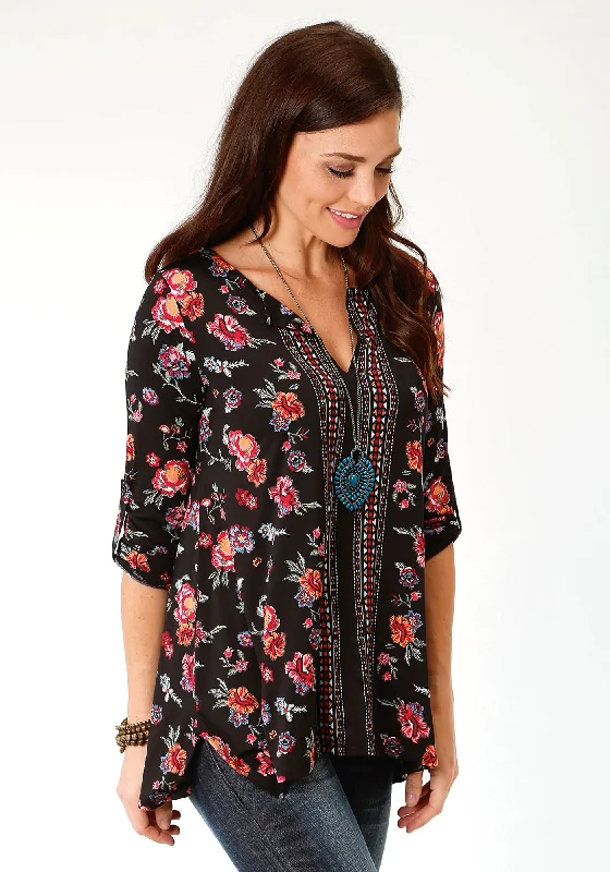 Roper Womens Black Poly/Spandex Shark Bite Floral S/S Tunic Gym