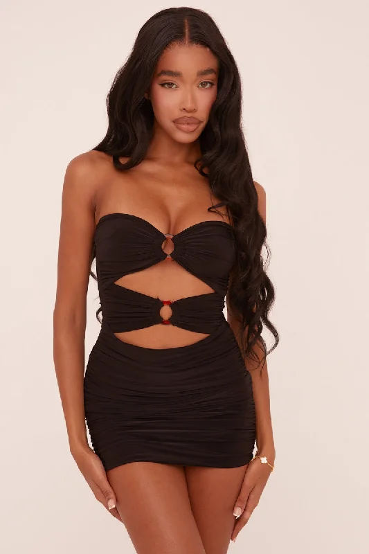 Black Ring Detail Bandeau Ruched Bodycon Mini Dress - Tefta Dynamic Women's Moto