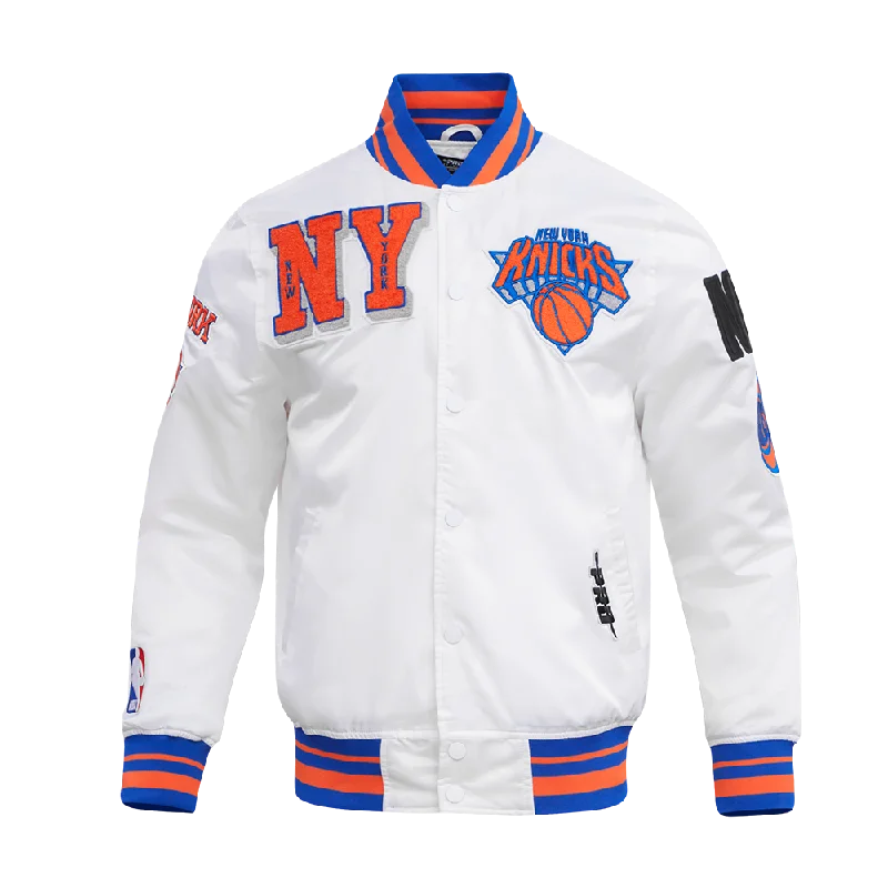 NBA NEW YORK KNICKS MASHUP MEN'S RIB SATIN JACKET (WHITE/ROYAL BLUE/ORANGE) Contemporary NBA NEW YORK KNICKS MASHUP MEN'S RIB SATIN JACKET (WHITE/ROYAL BLUE/ORANGE) Contemporary