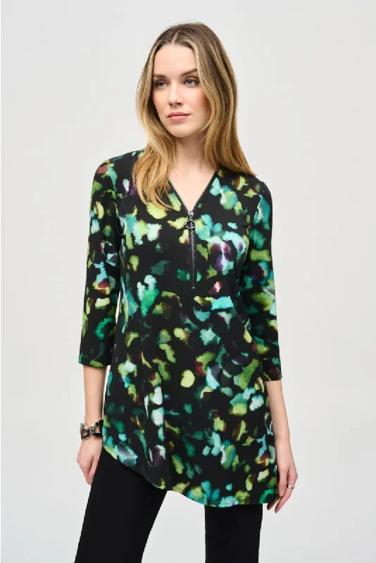 Joseph Ribkoff Black/Multi Watercolor Abstract Print 3/4 Sleeve Asymmetric Top 243134 Casual Women's Japanese Joseph Ribkoff Black/Multi Watercolor Abstract Print 3/4 Sleeve Asymmetric Top 243134 Casual Women's Japanese