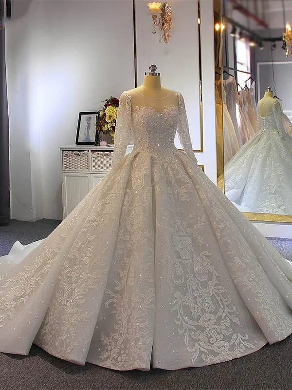 Luxury O-Neck Long Sleeves Lace- Up Ball Gown Wedding Dresses