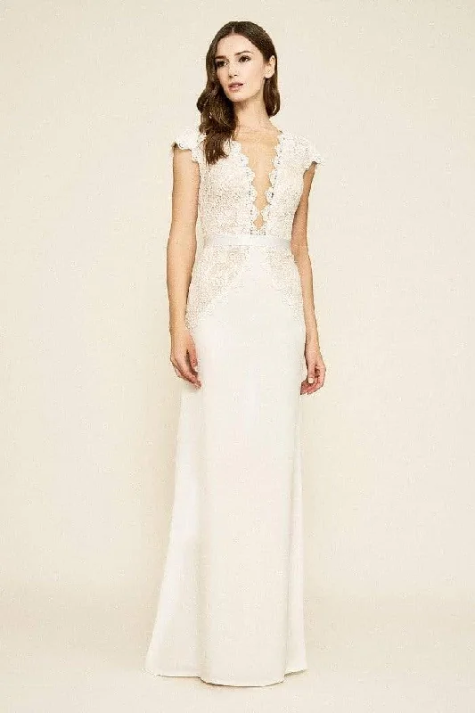 Tadashi Shoji - Basilah V-Neck Crepe Gown Laid - back Women's Vibe