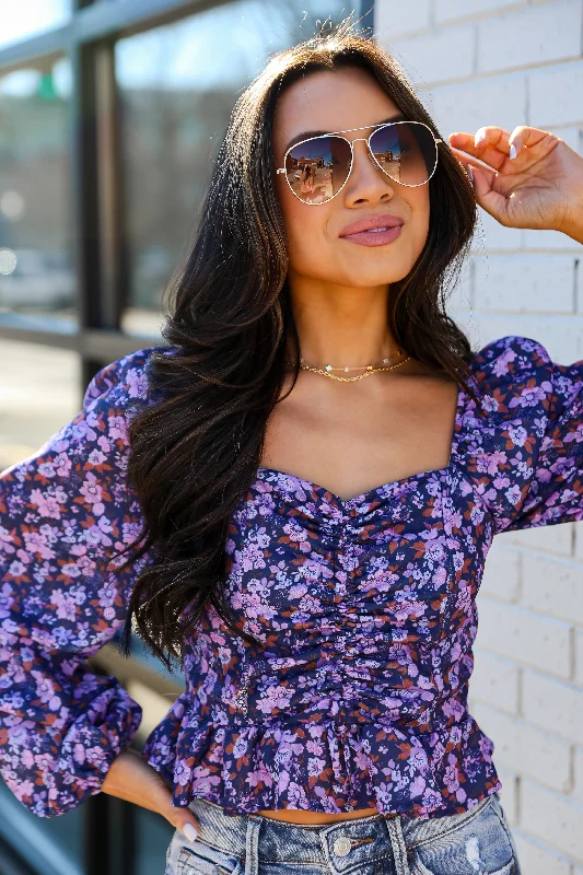 FINAL SALE - Flourishing Babe Purple Floral Cropped Blouse Monochromatic Office Style