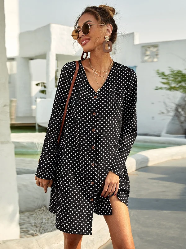 Polka Dot Button Front Long Sleeve V Neck Short Dress Relaxed Women's Beachy