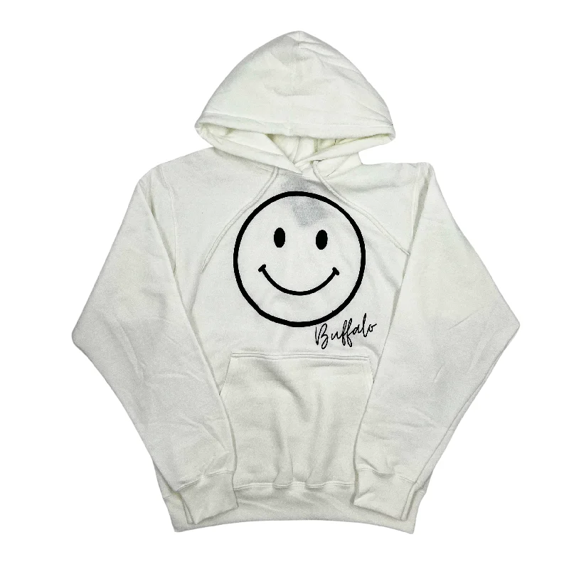 Smiley Face With Buffalo Wordmark White Hoodie Rugged Women's Outdoor 