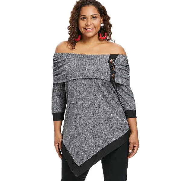 ANALUKE Off The Shoulder Contrast Trim Long Sleeve T-Shirt