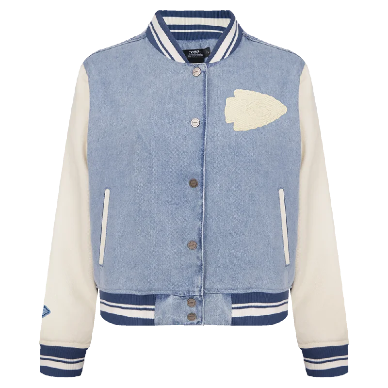 NFL KANSAS CITY CHIEFS VARSITY BLUES WOMEN'S DENIM VARSITY JACKET (DENIM/LINEN) Traditional Women's Wool