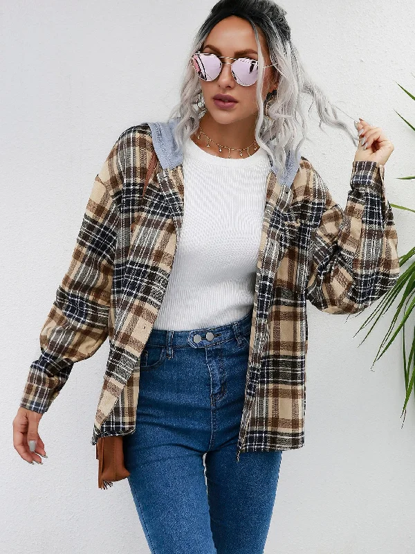 Casual Plaid Button Front Long Sleeve Hooded Regular Women Coat