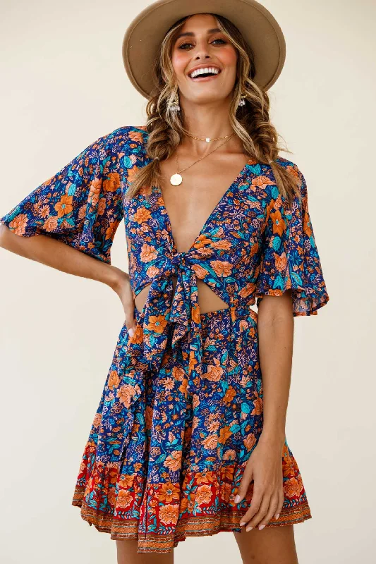 Suva Tie-Knot Bust A-Line Dress Floral Print Navy Sleek Women's 