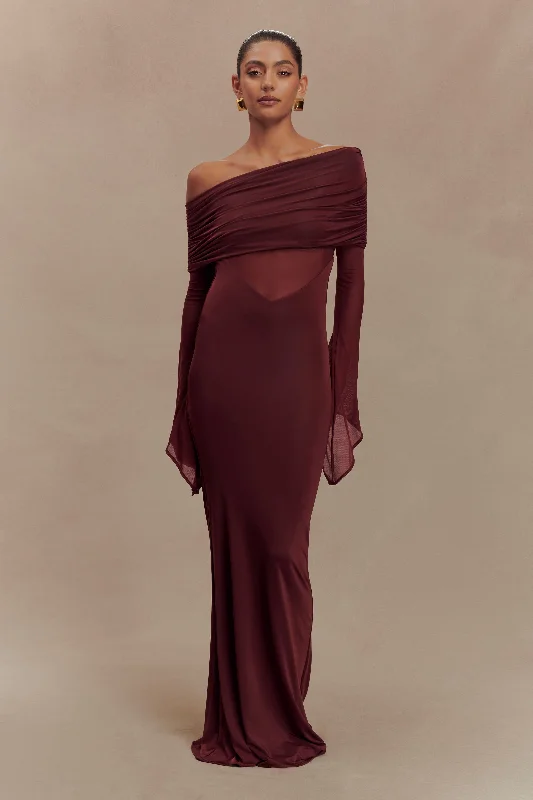 Kaitlin One Shoulder Slinky And Mesh Maxi Dress - Burgundy Trendy Women's Oversized