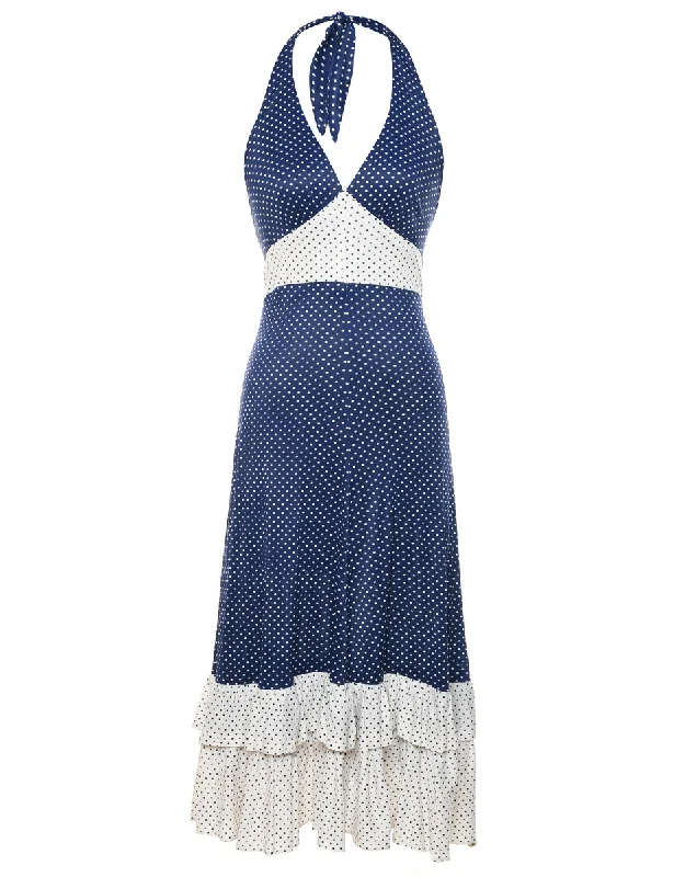 1970s Polka Dot Navy & White Halterneck Dress - S