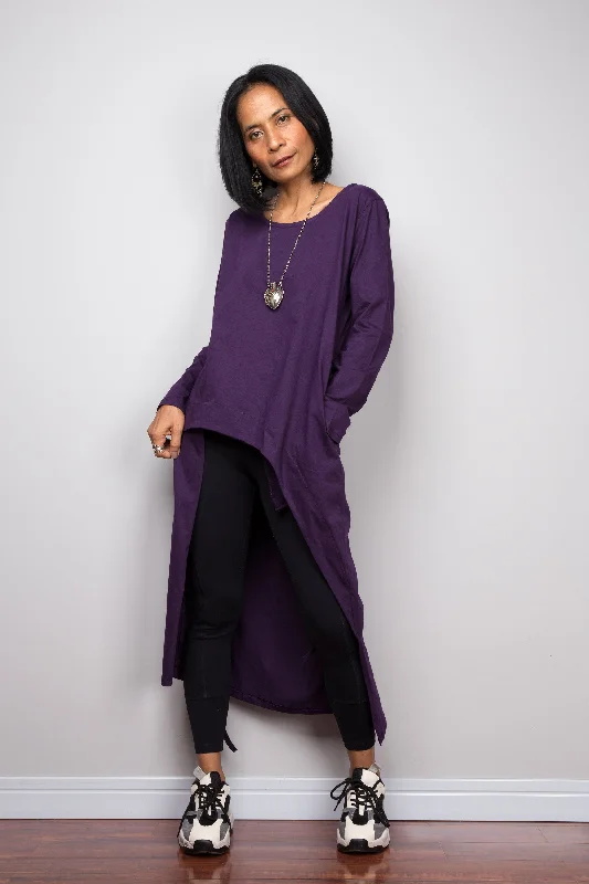 Asymmetrical purple tunic dress Minimalist Women's Casual