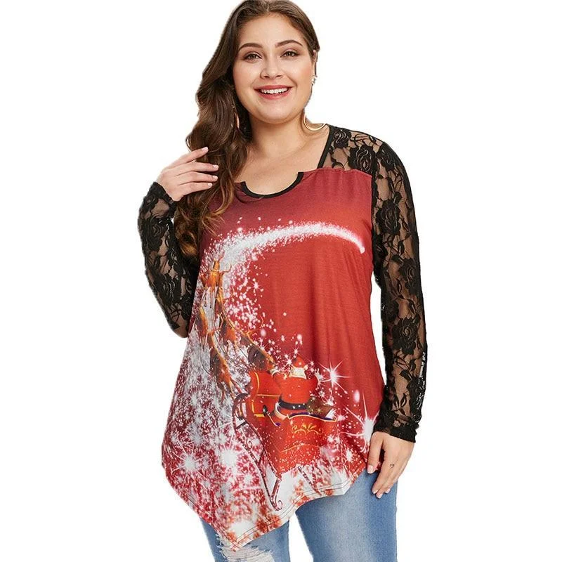 ANALUKE Lace Panel Christmas Long Sleeve T-shirt