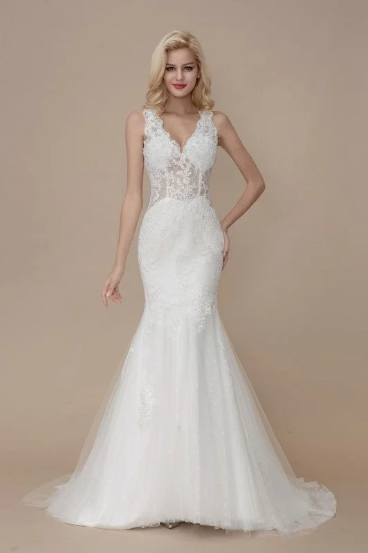 Classic V-neckline Mermaid Wedding Dresses Lace Bodice Sustainable Organic