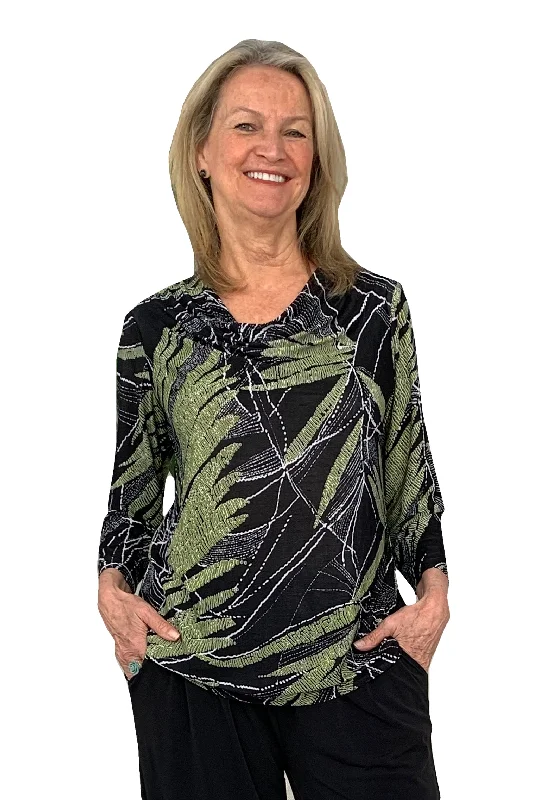 La Cera Savannah Palm Print Cowl Neck Top Relaxed Women's 