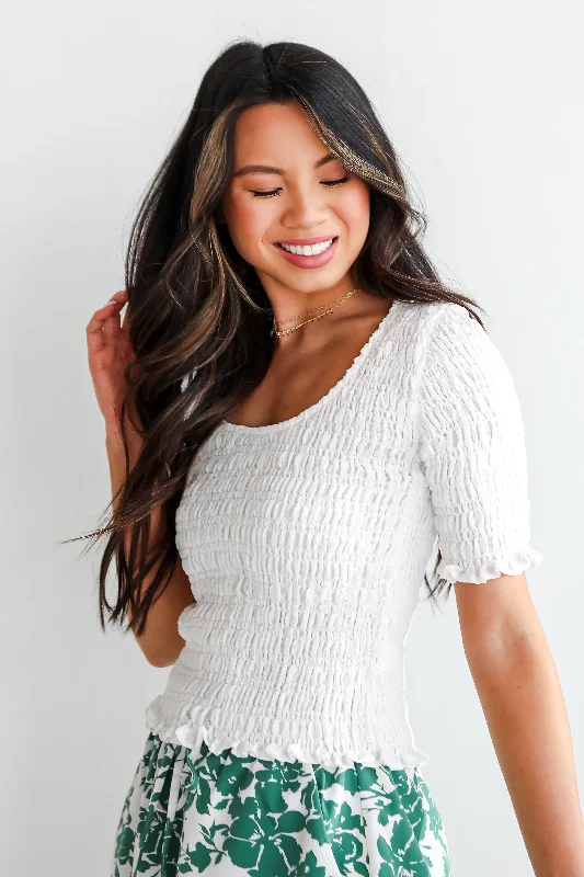 FINAL SALE - Dreamy Approach White Smocked Crop Top Vintage Women's 1970S 