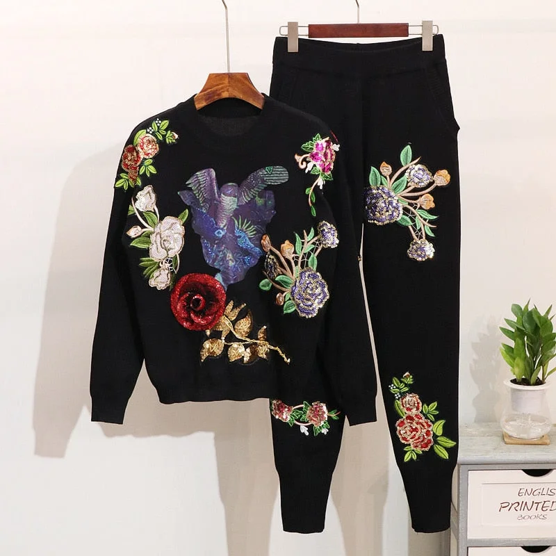 2Pcs Floral Sequin Embroidered Sweater & Pants Set Practical Women's Quick - dry