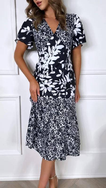 Frieda Black and White Floral Tiered Midi Dress Classic Women's Tweed