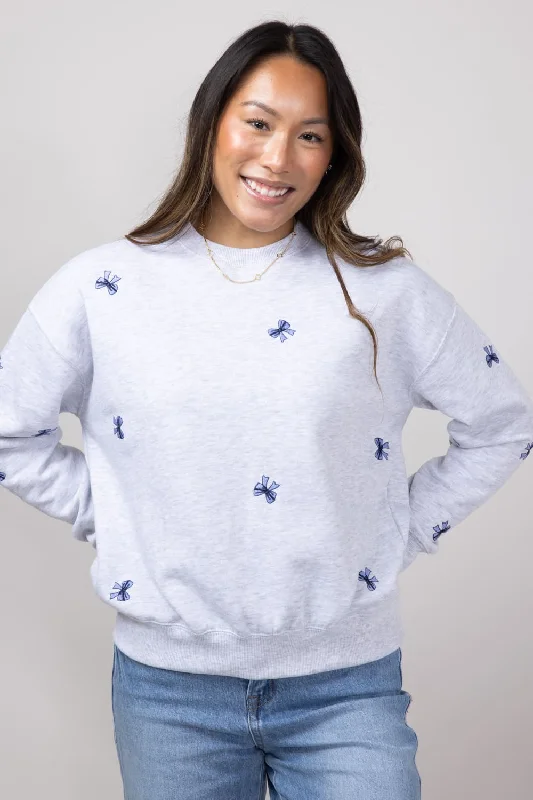 1897 Active Embroidered Bows Fleece Sweatshirt for Women in Ice Grey | T039-ICEGREY Refined Women's Velvet 1897 Active Embroidered Bows Fleece Sweatshirt for Women in Ice Grey | T039-ICEGREY Refined Women's Velvet