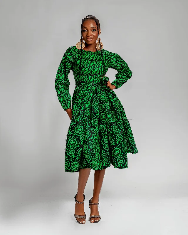 Lola Ankara Midi Dress | Green African Print