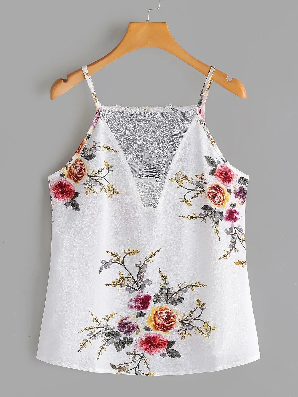 Custom Deep V Neck Floral Print Lace Backless Spaghetti Strap Sleeveless White Camis Contemporary Custom Deep V Neck Floral Print Lace Backless Spaghetti Strap Sleeveless White Camis Contemporary