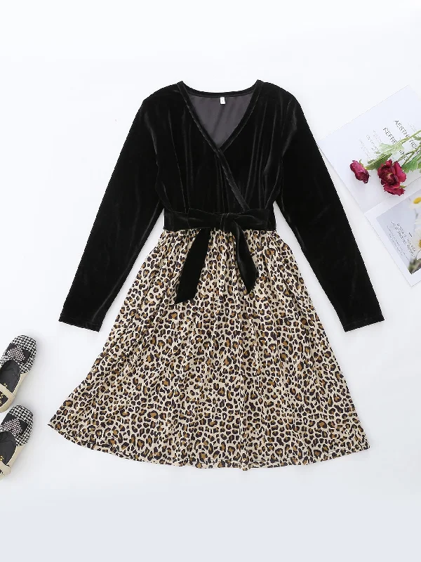 Leopard Belted Long Sleeve V Neck Flared High Waist Short Dress