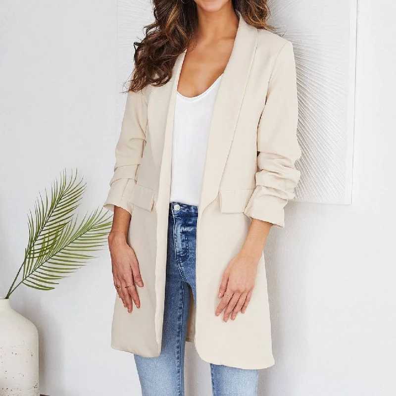 Jaci Solid Ruched Sleeve Long Boyfriend Blazer Luxurious Women's High -  end