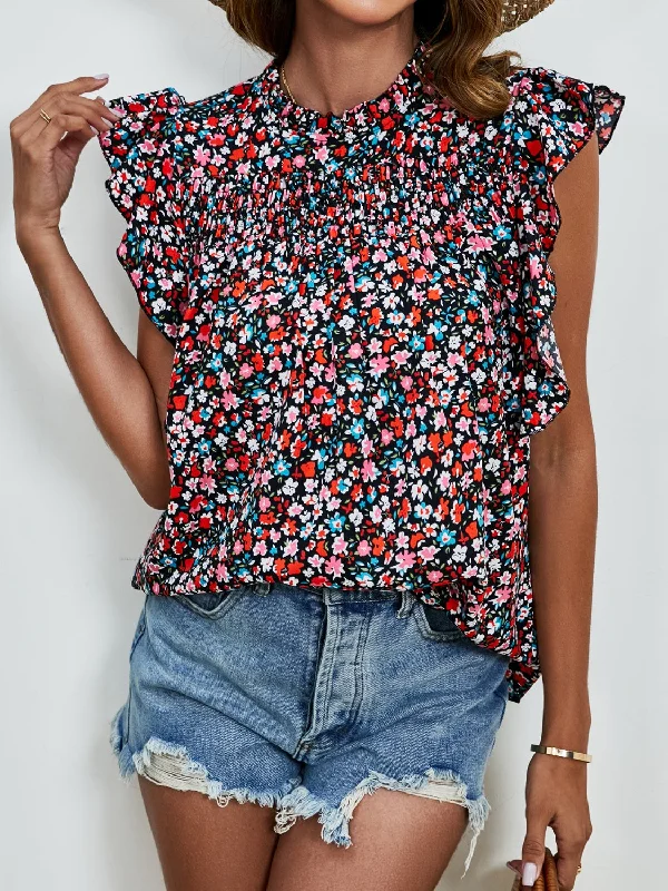 Ruffled Ditsy Floral Mock Neck Cap Sleeve Blouse French