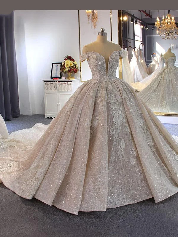 Luxury Beading Off-the-Shoulder With Train Ball Gown Wedding Dresses