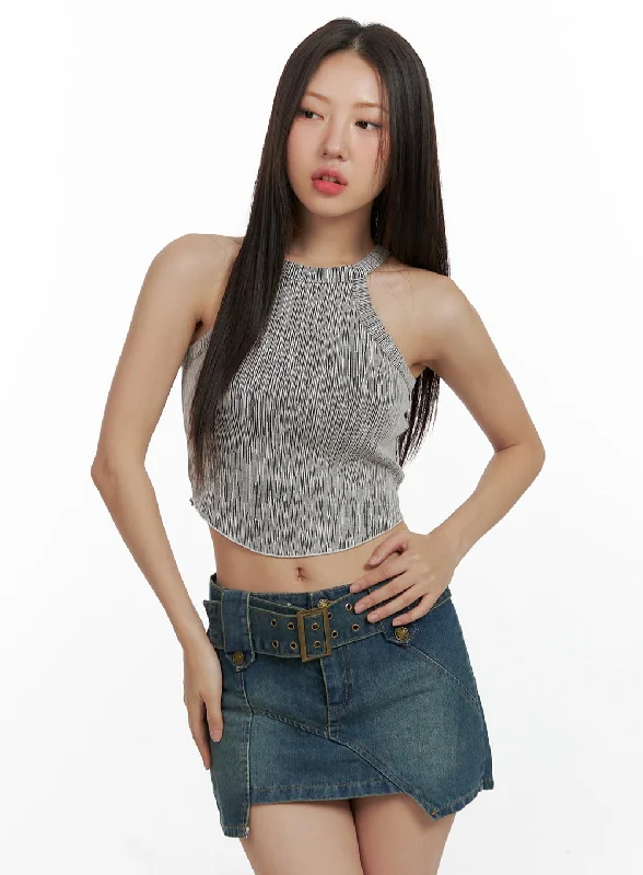 Halter Printed Crop Tank Top OL408 Casual Women's Japanese 