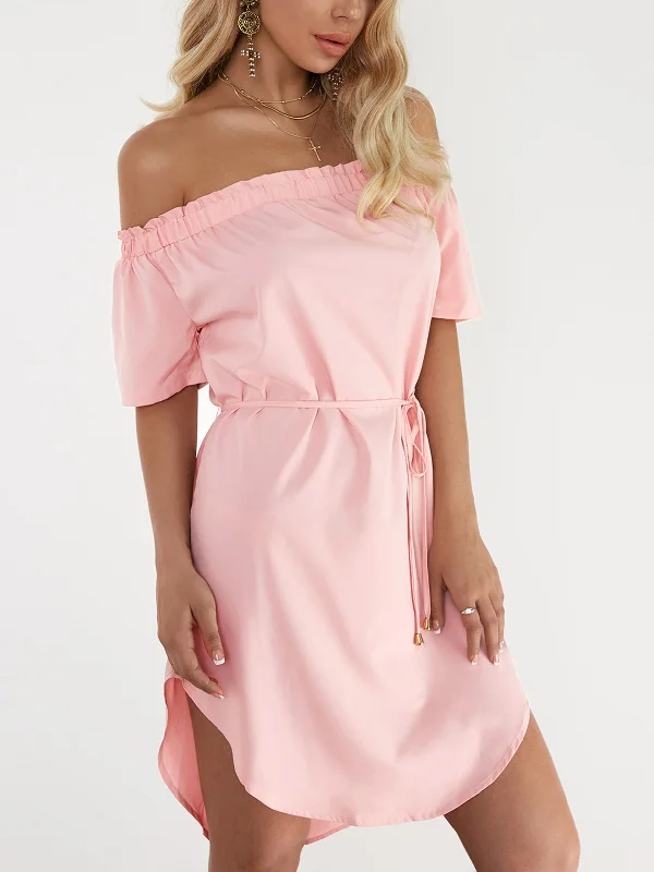 Wholesale Pink Off The Shoulder Short Sleeve Plain Belt Curved Hem Mini Dress Modern Women's 