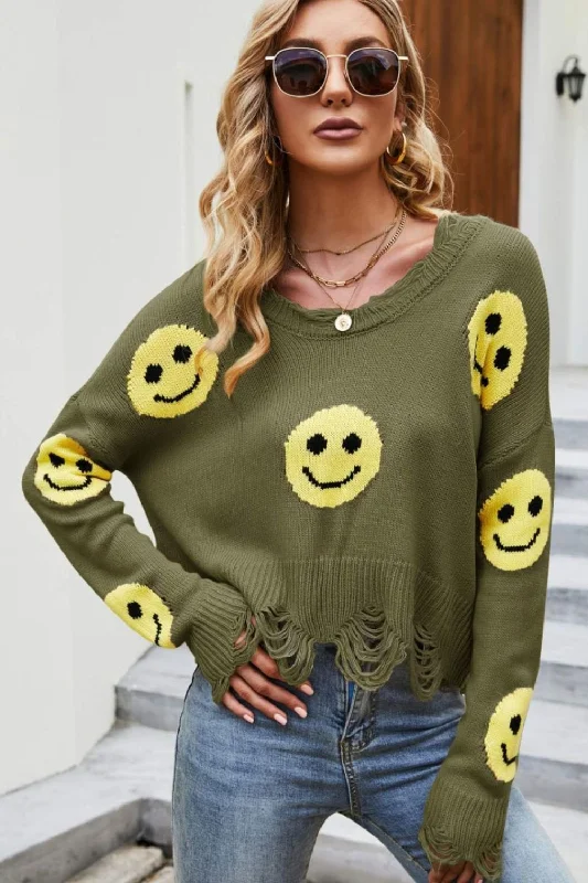 Smiley Face Distressed Round Neck Sweater Luxurious Women's High -  end