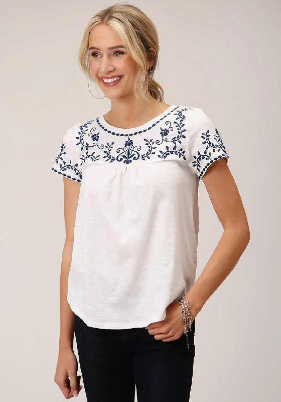 Roper Womens Cute Embroidery White 100% Cotton S/S Blouse Street