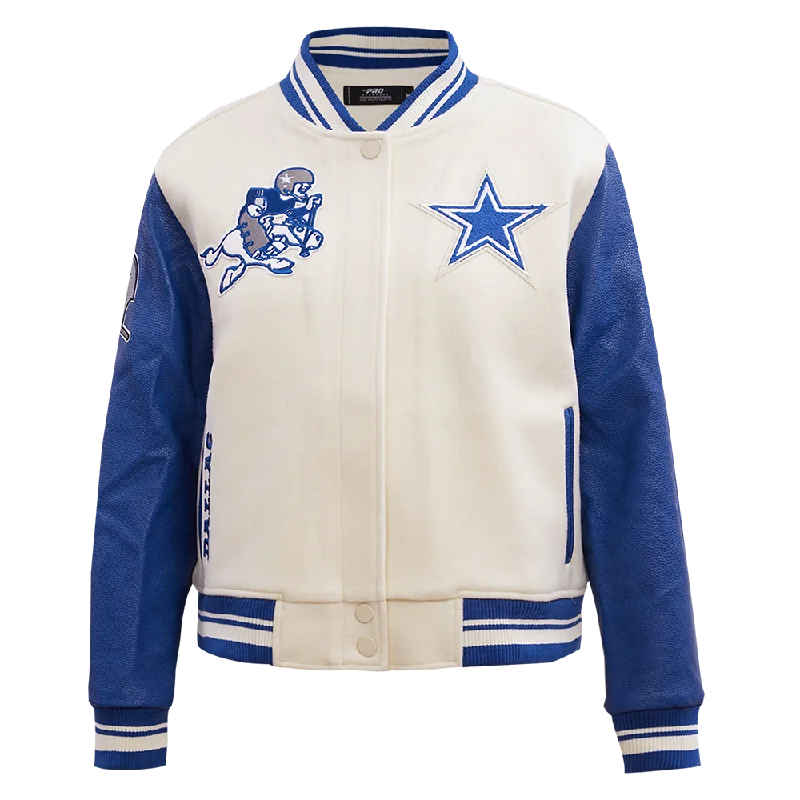 NFL DALLAS COWBOYS RETRO CLASSIC WOMEN'S RIB WOOL VARSITY JACKET (EGGSHELL/DODGER BLUE) Feminine Women's Style NFL DALLAS COWBOYS RETRO CLASSIC WOMEN'S RIB WOOL VARSITY JACKET (EGGSHELL/DODGER BLUE) Feminine Women's Style