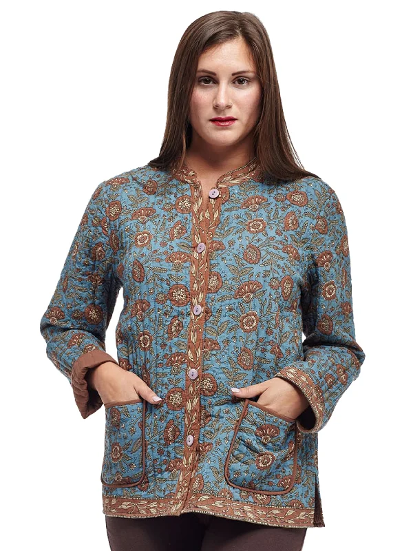 La Cera Quilted Blue Mandarin Jacket Feminine Women's Style 