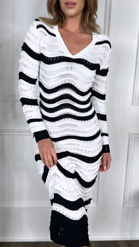 Orlaith White & Black Striped Knit V Neck Midi Dress Classic Women's Pin - striped