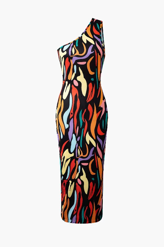 Abstract Print One Shoulder Cut Out Midi Dress Street