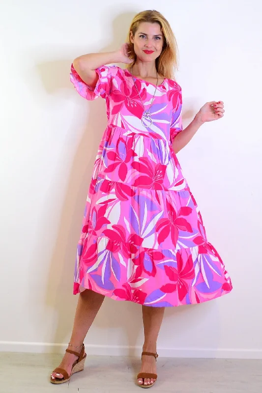 Pink Purple Floral Midi Tunic Dress British Gentlewoman Style