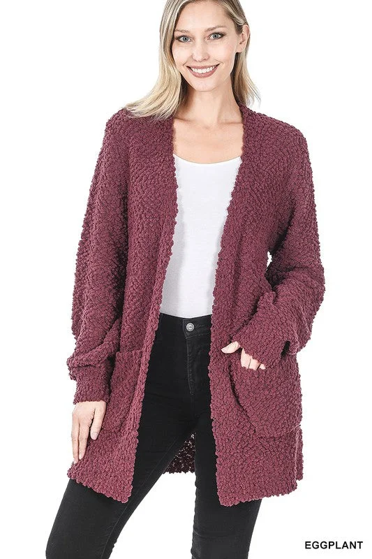 PUFF SLEEVE POPCORN CARDIGAN WITH POCKETS Refined Women's Hand - crafted
