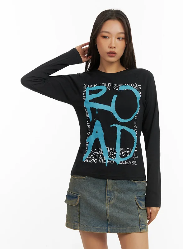 Cotton Graphic Round Neck Long Sleeve Top IO409 Stylish Women's Tropical 